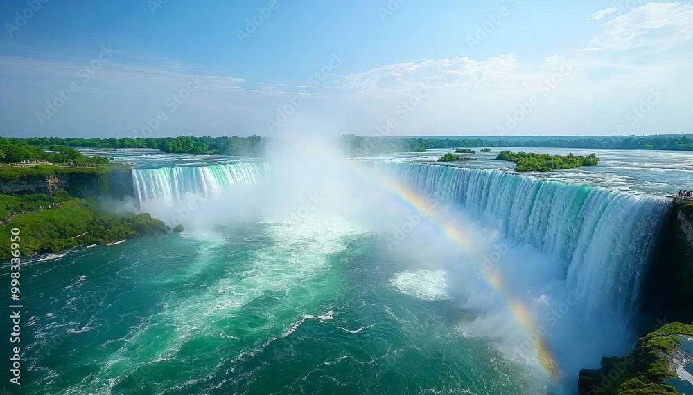 Majestic Niagara Falls with a vibrant rainbow amidst misty waters. Majestic Niagara Falls with a vibrant rainbow amidst misty waters.