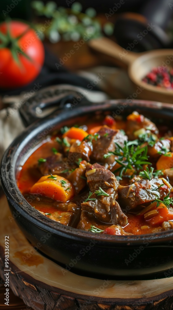 Close-up of delicious goulash in a deep wooden plate on a wooden stand. In the background are various ingredients such as tomatoes, spices and herbs. Close-up of delicious goulash in a deep wooden plate on a wooden stand. In the background are various ingredients such as tomatoes, spices and herbs.
