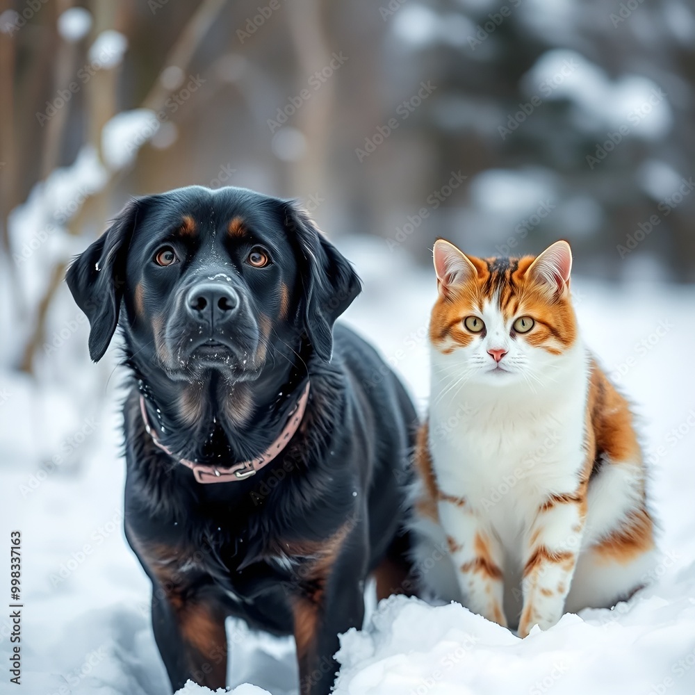 Dog and cat friendship in winter snow, looking towards camera, outdoor background Dog and cat friendship in winter snow, looking towards camera, outdoor background