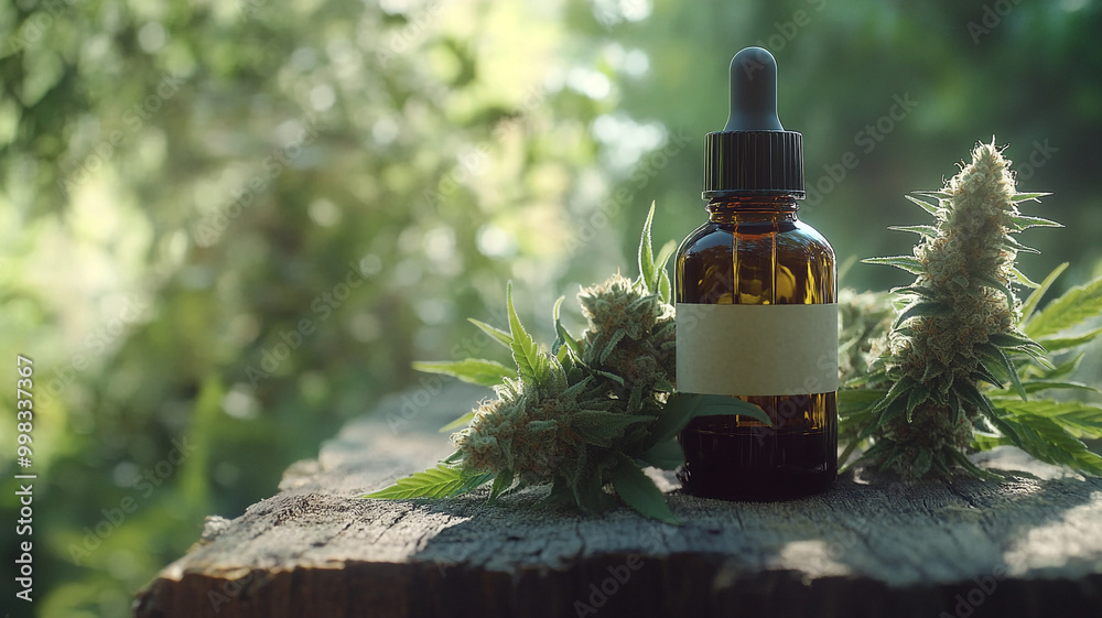 Cannabis flower with a bottle and label on a wooden table Cannabis flower with a bottle and label on a wooden table