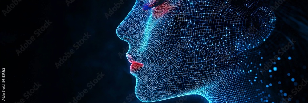 A stunning digital portrayal of a human face in profile, composed of blue wireframe lines, beautifully capturing the essence of futuristic and abstract digital art. A stunning digital portrayal of a human face in profile, composed of blue wireframe lines, beautifully capturing the essence of futuristic and abstract digital art.