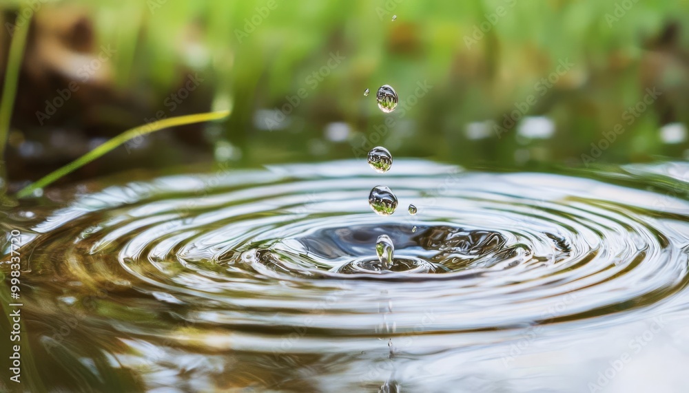 Water droplet creating ripples in a clear pond with lush greenery in the background. Water droplet creating ripples in a clear pond with lush greenery in the background.