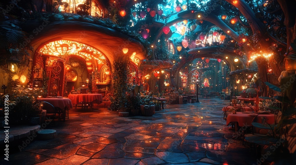 Obraz premium Eye-level shot of a vibrant fantasy world, whimsical culinary creations illuminated by magical lights, enchanting atmosphere, vivid colors