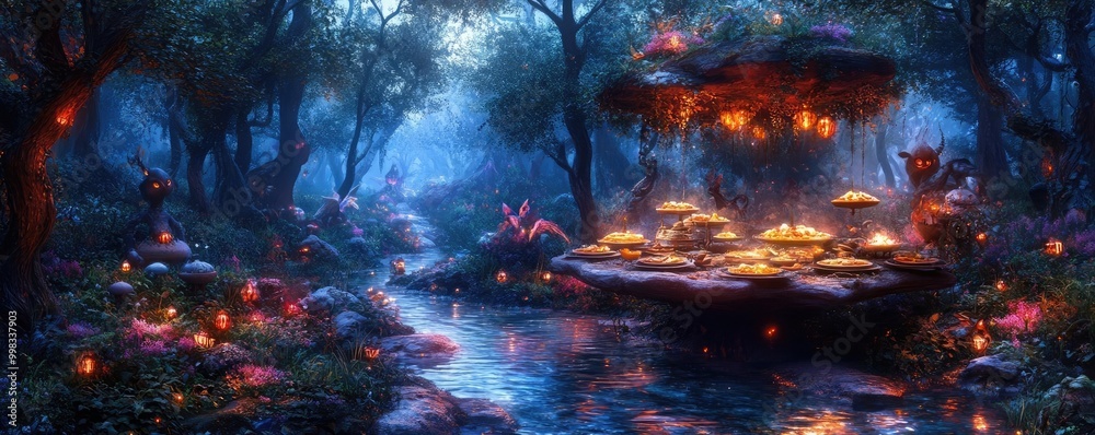 Eye-level view of a whimsical forest banquet, glowing dishes surrounded by magical creatures, surreal colors Eye-level view of a whimsical forest banquet, glowing dishes surrounded by magical creatures, surreal colors