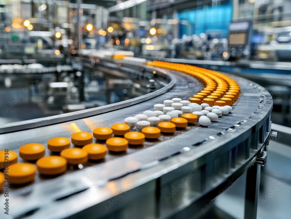 Fototapeta premium Tablets and pills on production line in medical factory, sharp focus and soft shadows