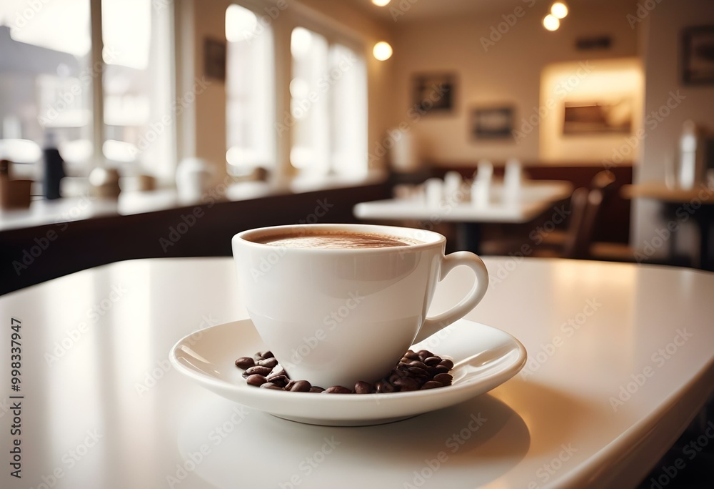 A white ceramic cup filled with freshly brewed coffee, surrounded by coffee beans on a white saucer A white ceramic cup filled with freshly brewed coffee, surrounded by coffee beans on a white saucer