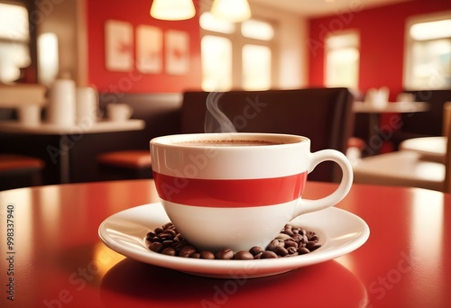 A white ceramic cup filled with freshly brewed coffee, surrounded by coffee beans on a white saucer