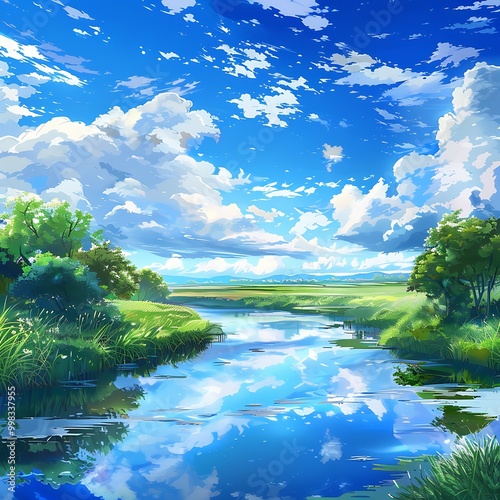 Beautiful Blue Skies with Nature, Bright Moon ,Cloud ,Beach scenery, Tree, night -Anime concept Background