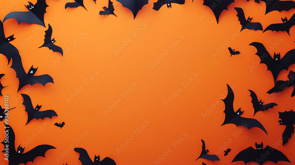 Halloween background with a frame made of spooky decorations on orange paper Halloween background with a frame made of spooky decorations on orange paper