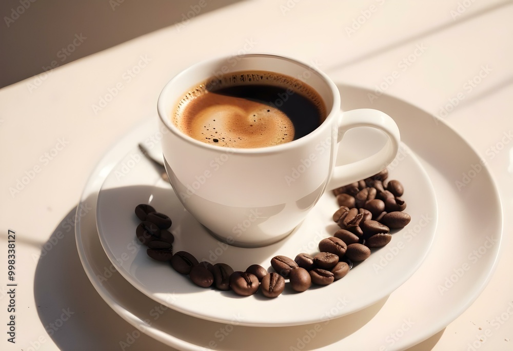 A white ceramic cup filled with freshly brewed coffee, surrounded by coffee beans on a white saucer A white ceramic cup filled with freshly brewed coffee, surrounded by coffee beans on a white saucer