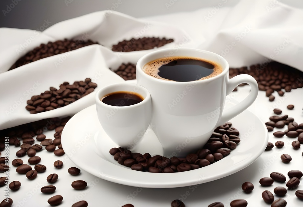 A white ceramic cup filled with freshly brewed coffee, surrounded by coffee beans on a white saucer A white ceramic cup filled with freshly brewed coffee, surrounded by coffee beans on a white saucer