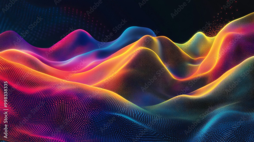 Obraz premium Abstract gradient hologram dynamic wave of particles. Digital technology background with smooth flow of colored abstract lines. Vector illustration. 
