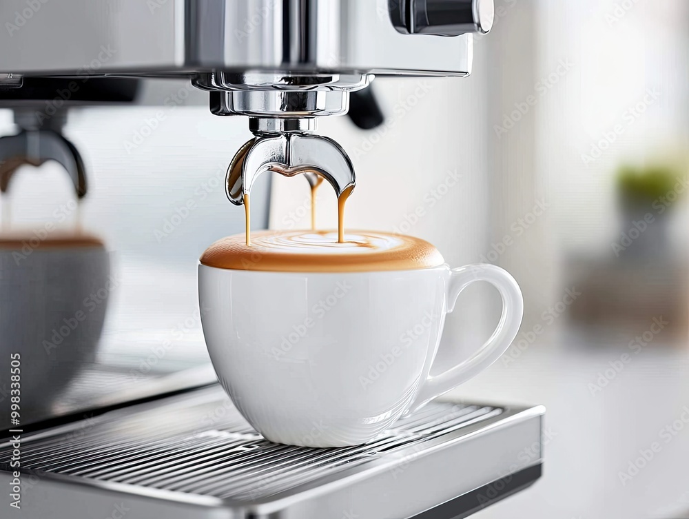 Coffee machine making a perfect cappuccino, foam rising in the cup Coffee machine making a perfect cappuccino, foam rising in the cup