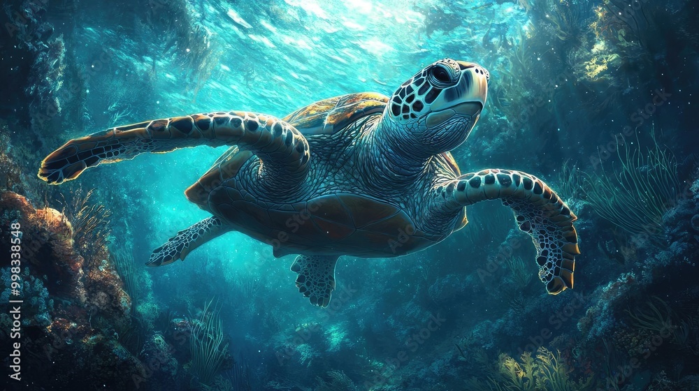 Fototapeta premium Frontal view of a sea turtle gracefully navigating through a kelp forest, enchanting bioluminescent plants lighting the ocean depths