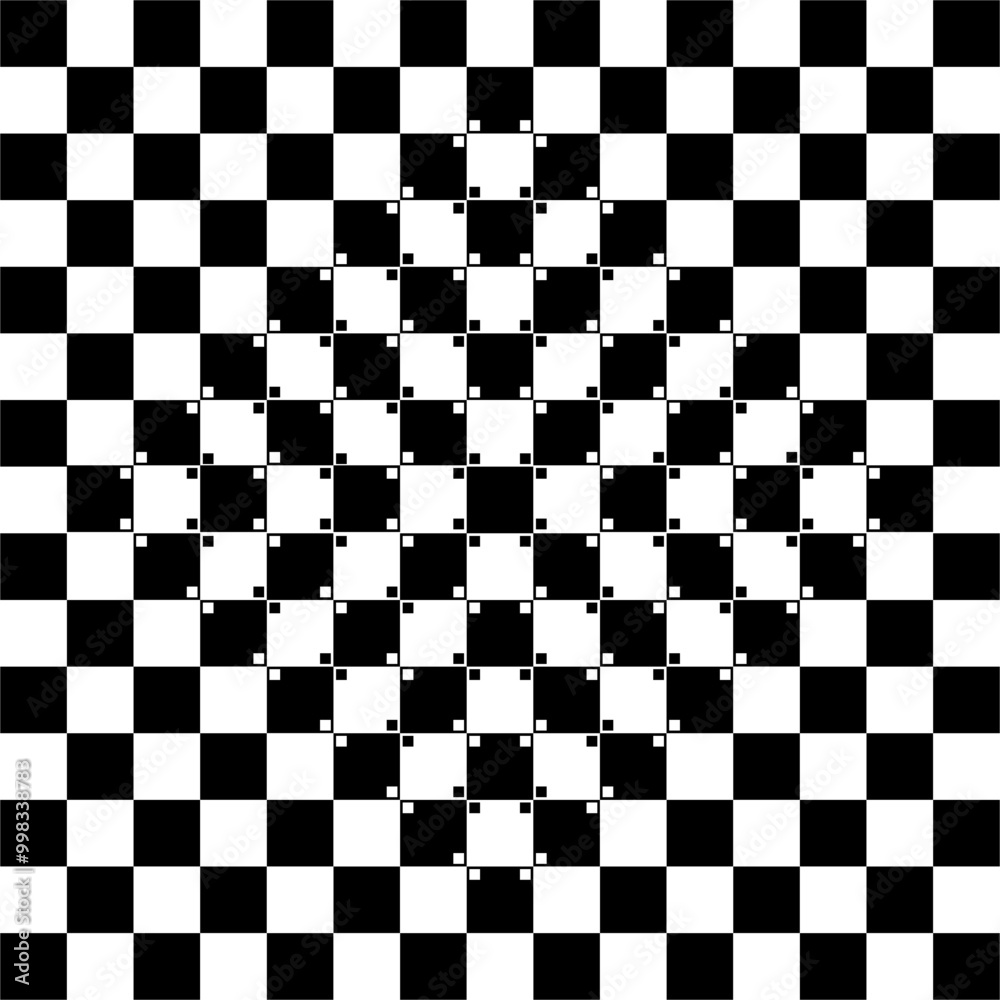 Fototapeta premium Bulging chess board. Vector graphic optical illusion. The grid is completely square and parallel but it appears to have a bulge in the middle