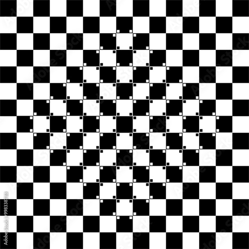 Bulging chess board. Vector graphic optical illusion. The grid is completely square and parallel but it appears to have a bulge in the middle