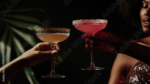 Female hands holding sexy lux cocktails cheers celebration girlsnight friendship nightlife party toast elegance mixology luxury bar trendy stylish sophisticated festive photo