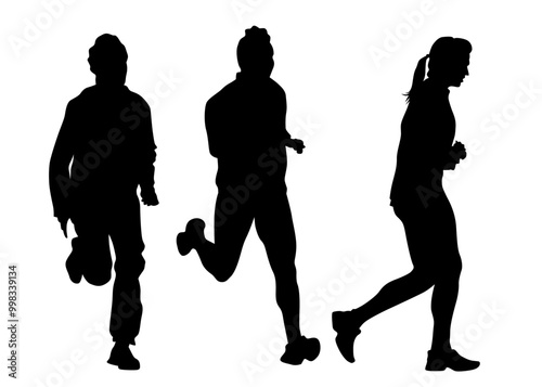 Young athletes run a marathon. Isolated silhouettes on white background