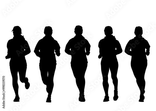 Young athletes run a marathon. Isolated silhouettes on white background