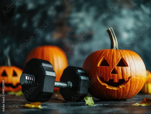 Fitness and Halloween Pumpkin Composition with Dumbbell Weights