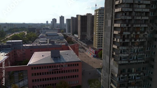 Broken gdr Plattenbau facade Halle Neustadt. Best aerial view flight drone photo