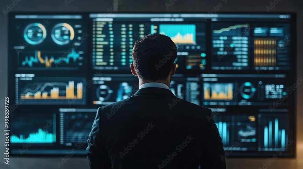 Businessman s back viewed in front of a professional dashboard displaying key performance indicators KPI metrics screens and charts for evaluating sales and business outcomes Businessman s back viewed in front of a professional dashboard displaying key performance indicators KPI metrics screens and charts for evaluating sales and business outcomes