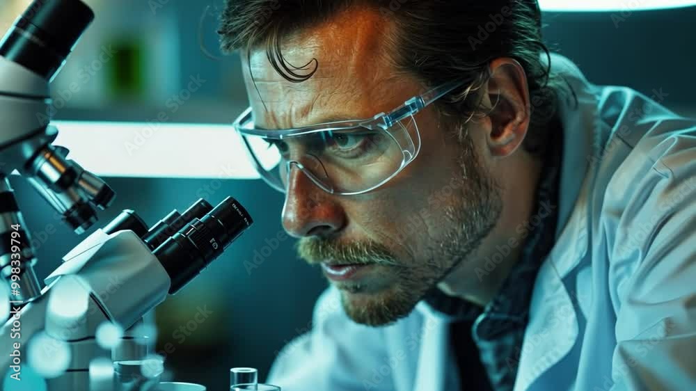 Focused scientist examining samples under microscope in a modern ...