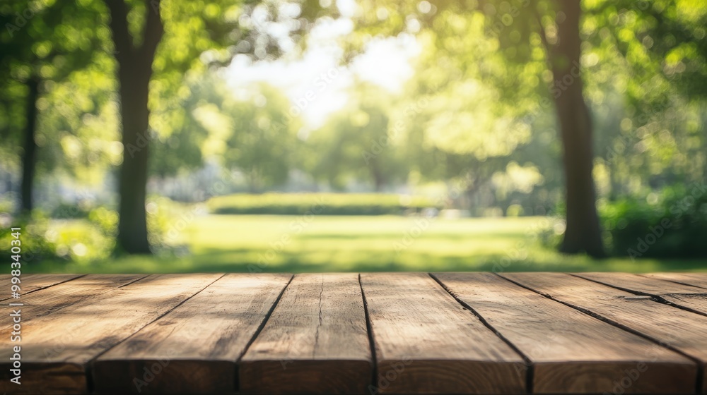 Wooden table with a blurred garden background featuring trees High quality image Wooden table with a blurred garden background featuring trees High quality image