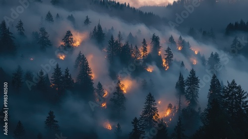 Foggy forest consumed by wildfire flames at dusk highlighting nature s power and the profound effects of fires on ecosystems photo