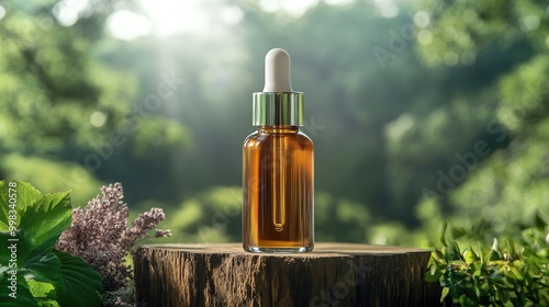 Glass bottle serum for cosmetics in a beauty and skincare package featuring a nature inspired background as a template for skincare products photo