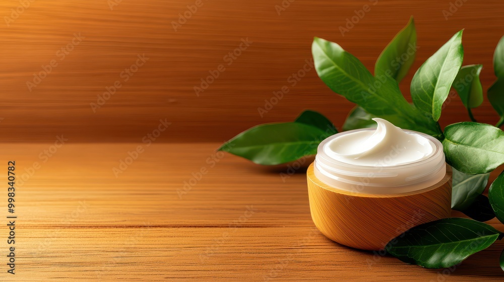 Herbal Cream in Elegant Wooden Container on Wooden Surface Herbal Cream in Elegant Wooden Container on Wooden Surface