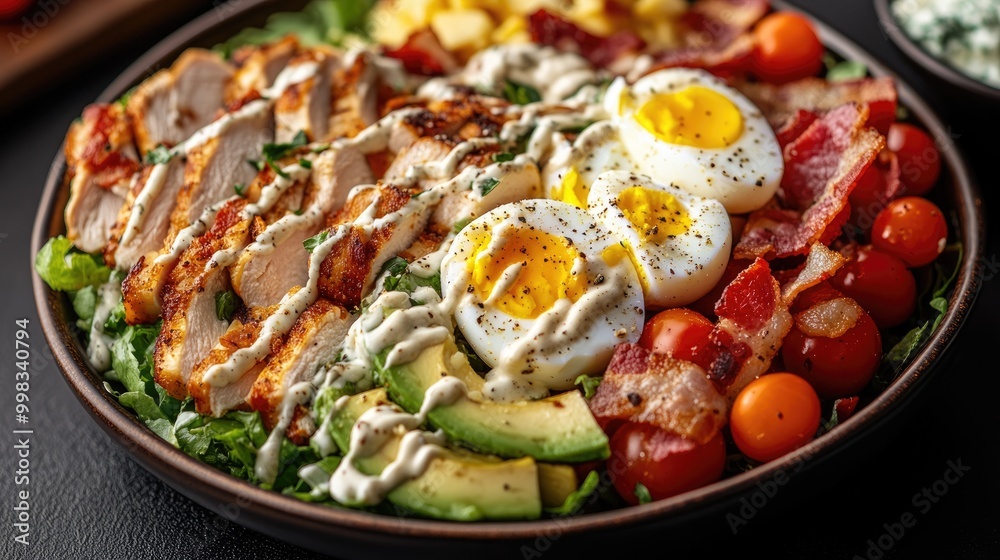 Close up of a Cobb salad featuring chicken avocado tomatoes eggs bacon and cheese drizzled with sauce on a dark tabletop Close up of a Cobb salad featuring chicken avocado tomatoes eggs bacon and cheese drizzled with sauce on a dark tabletop