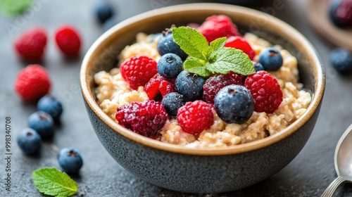 Tasty oatmeal served with fresh berries and mint offering a vibrant and colorful presentation for a healthy breakfast choice