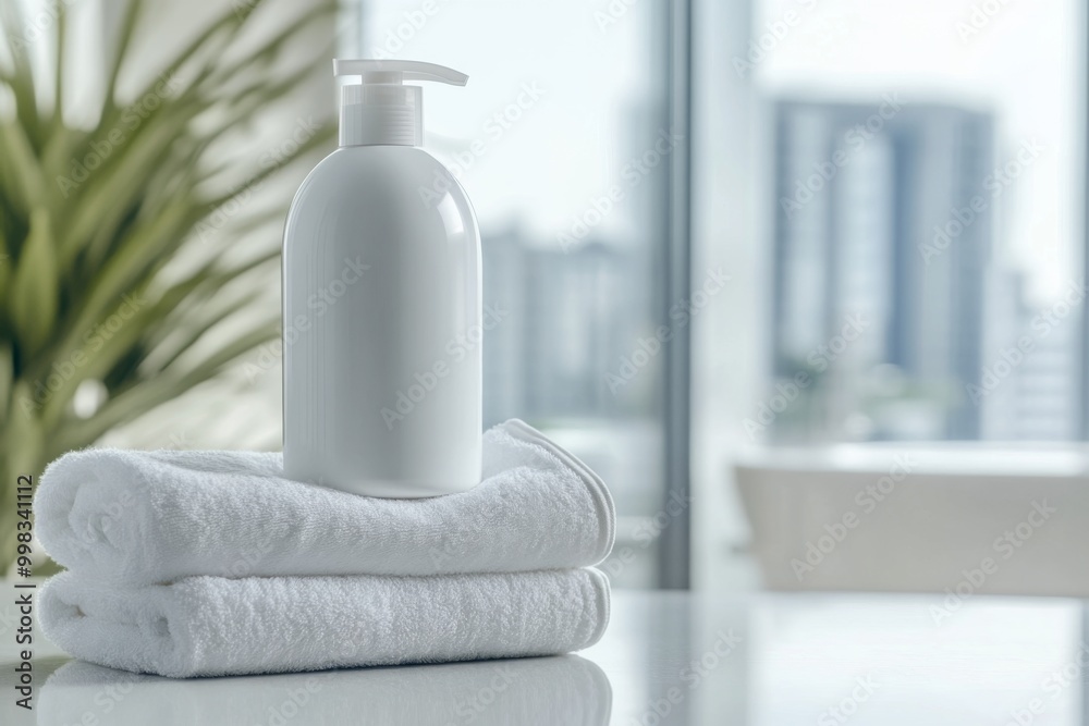 white blank pump bottle of shampoo mockup in elegant bathroom next to white towels white blank pump bottle of shampoo mockup in elegant bathroom next to white towels