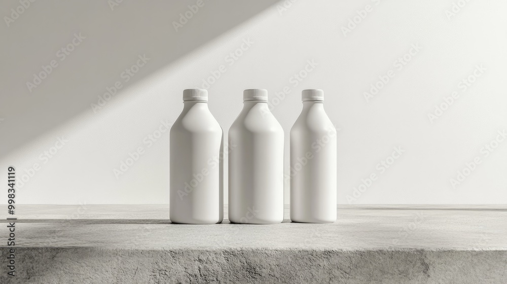 A mock up featuring three empty white aluminum or steel bottles for beverages with caps positioned on a stone surface against a white backdrop ideal for product design presentation A mock up featuring three empty white aluminum or steel bottles for beverages with caps positioned on a stone surface against a white backdrop ideal for product design presentation