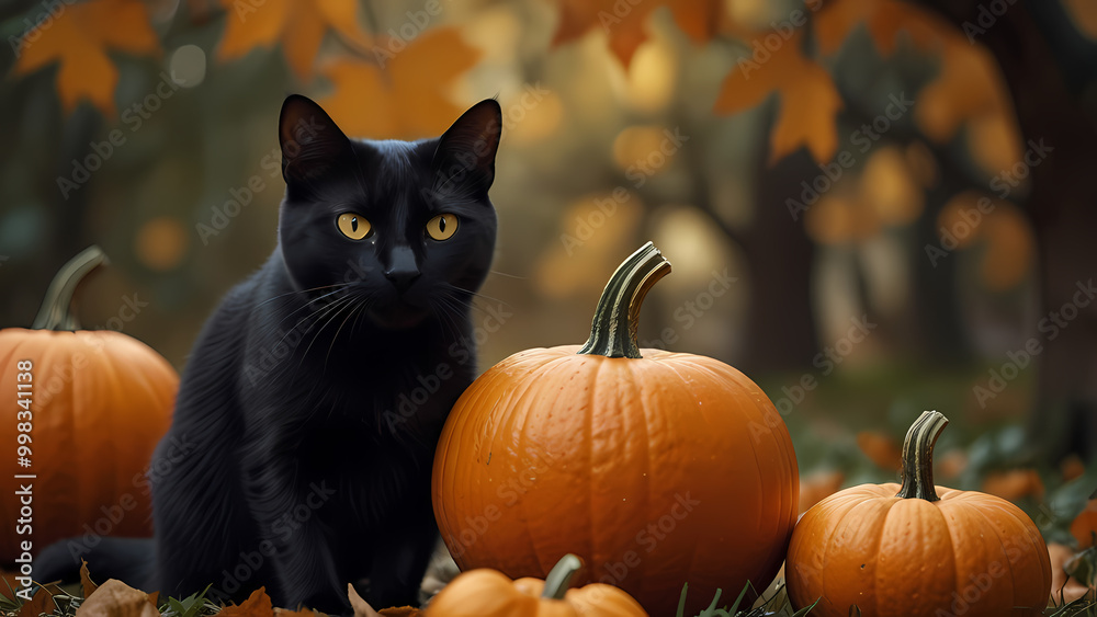 Black cat interacting with a pumpkin for Halloween Event Black cat interacting with a pumpkin for Halloween Event