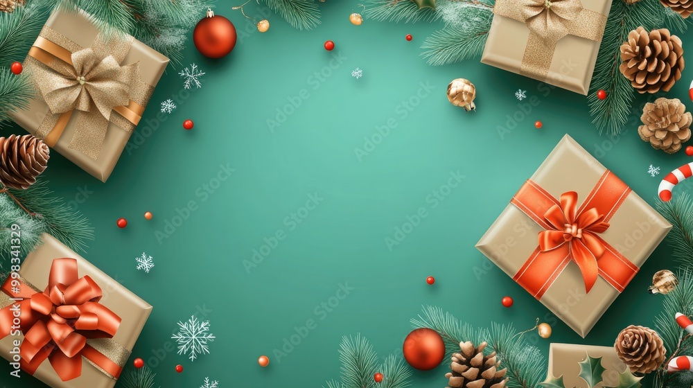 Fototapeta premium Festive design featuring realistic gift boxes and decorative elements for a holiday banner flyer or greeting card celebrating the Christmas and New Year season