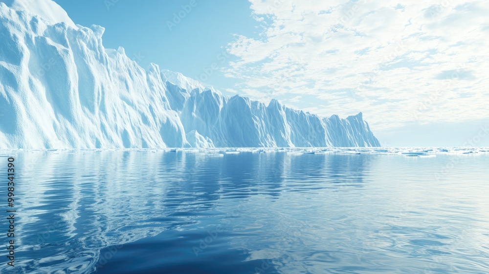 A low angle perspective of melting sea ice in calm waters featuring icebergs and a glacial wall in the backdrop highlighting the effects of climate change A low angle perspective of melting sea ice in calm waters featuring icebergs and a glacial wall in the backdrop highlighting the effects of climate change