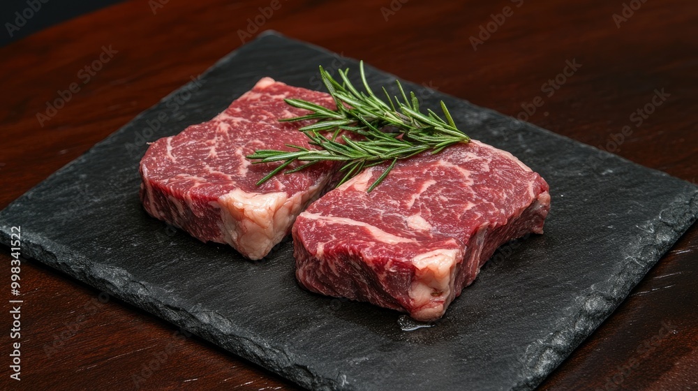 Marbled raw steaks with rosemary sprigs are arranged on a black stone platter ready for cooking on the table Marbled raw steaks with rosemary sprigs are arranged on a black stone platter ready for cooking on the table