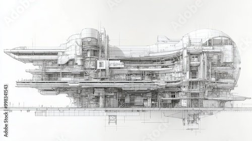 Cross-section CAD drawing of a huge building, future brutalism skyskribers style, with multiple towers and floors, white background, technical blueprint photo