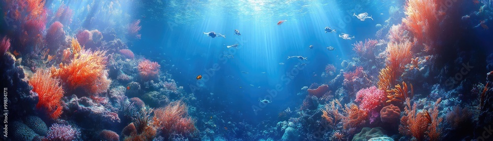 Fototapeta premium Low-angle view, vibrant underwater world blending with futuristic drones, mesmerizing light reflections, deep blues and silvers