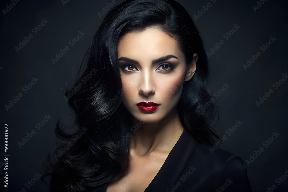 Sophisticated Portrait of a Woman with Sleek Black Hair in Studio Lighting, Emphasizing Beauty and Fashion Against a Dark Backdrop Sophisticated Portrait of a Woman with Sleek Black Hair in Studio Lighting, Emphasizing Beauty and Fashion Against a Dark Backdrop