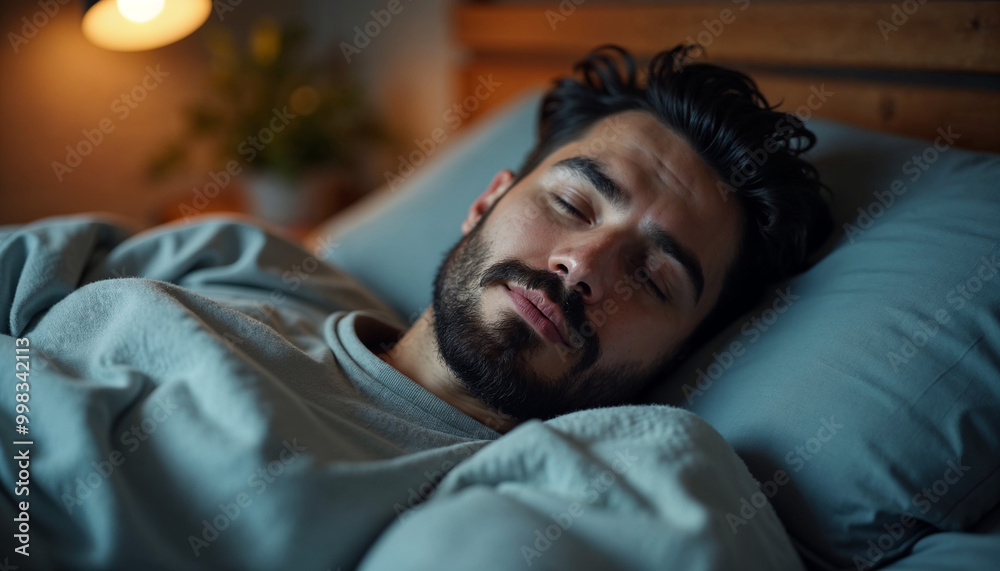 Close-up of handsome bearded man sleeping in bed at home enjoying good sleep, top view, copy space Close-up of handsome bearded man sleeping in bed at home enjoying good sleep, top view, copy space