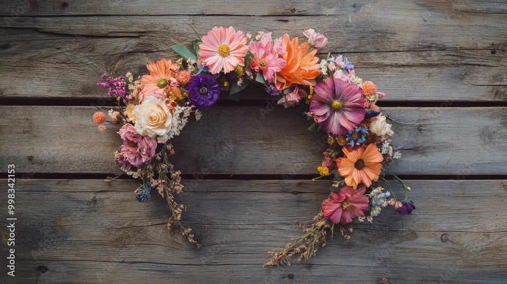 Fototapeta premium Handmade floral headpiece arranged on a rustic wooden surface