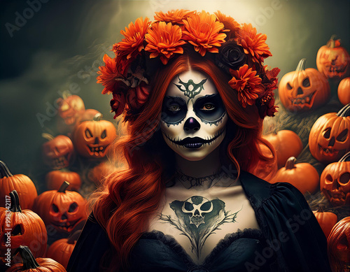 ilustración de mujer bella maquillada con tatuajes rodeada de calabazas de halloween