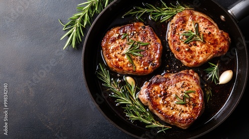 Sizzling pork steaks in a frying pan garnished with rosemary and garlic captured from above photo