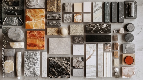 An aerial perspective showcasing an array of marble and stone samples carefully organized in a visually appealing layout against a neutral backdrop photo