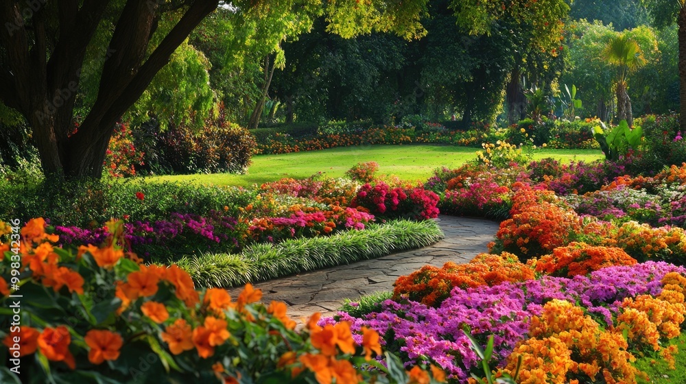 Vibrant floral display in a serene garden setting Vibrant floral display in a serene garden setting