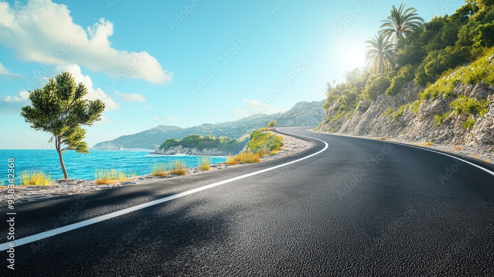 Fototapeta premium Sunny summer day on a coastal road seen from the side featuring an asphalt surface and vibrant surroundings