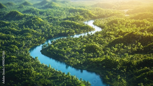 Aerial perspective of a lush jungle landscape featuring a winding river